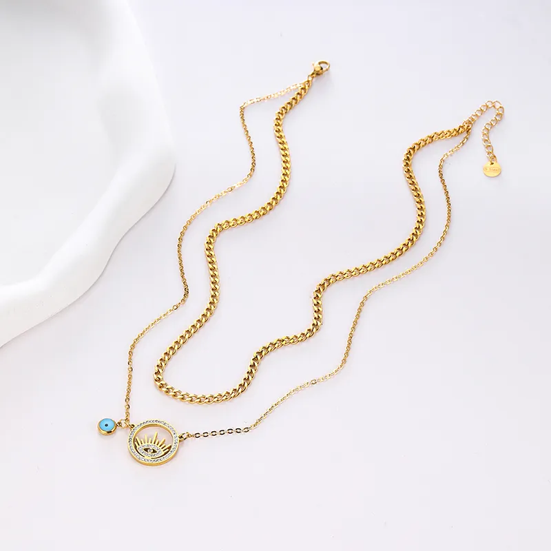 Eye Shaped Layered Chain Necklace In Stainless Steel Jewellery_voghion.com