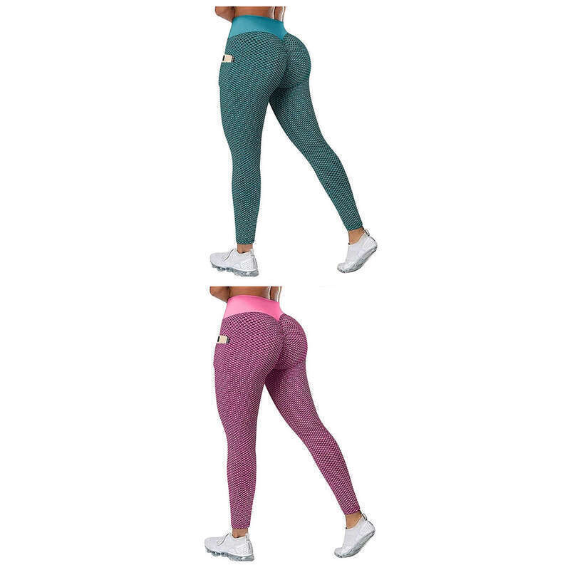 Pantalones de mujer de fitness casual de yoga de gran tamaño de cintura alta con bolsillo en la cadera en forma de panal_voghion.com
