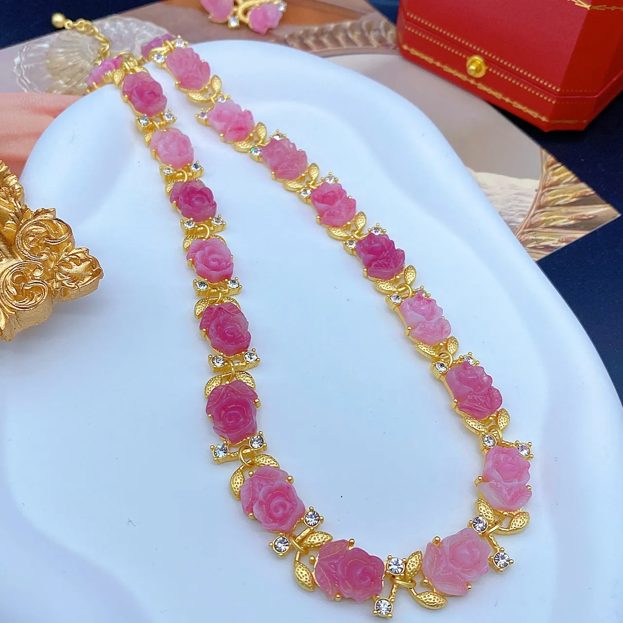 Collier en verre clair dégradé de fleurs de cerisier roses, boucles d'oreilles roses, broche, corsage, bijoux de style européen et américain_voghion.com