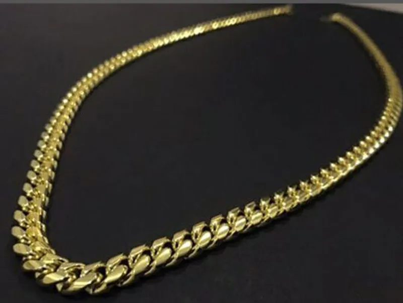 Mens Gold Tone 316L Stainless Steel Necklace Curb Cuban Link Chain with Diamonds Clasp Lock 8mm/10mm/12mm/14mm/16mm/18m_voghion.com