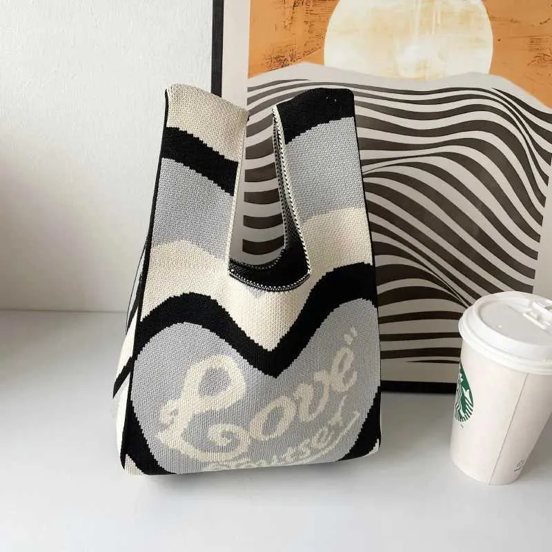Varm genanvendelig indkøbstaske med almindeligt vævet prikmønster i strikket materiale til japanske studerende Y241106_voghion.com