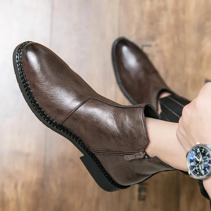 For Fashion Casual British Style Short Boot Side Zipper High-Top Shoes Men Man Classic Retro Leather Ankle Boots 240620_voghion.com