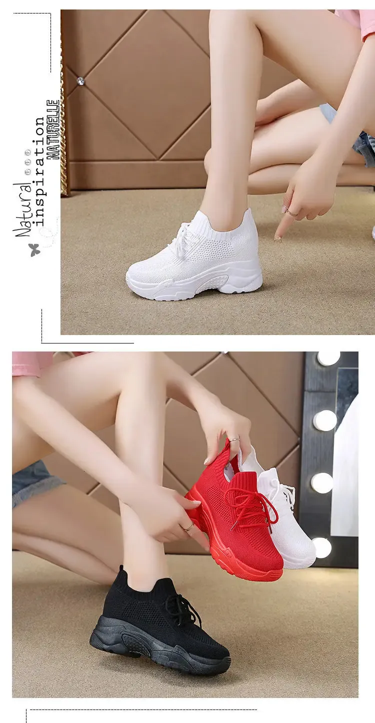 Scarpe da ginnastica casual con plateau in rete traspirante con tacco nascosto, bianche, da donna, nuove, con fondo spesso e rotondo_voghion.com