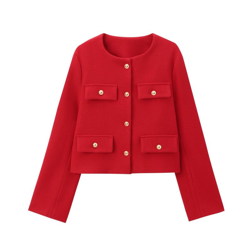 Damenbekleidung Mode Knopf Dekoration kurze Anzugjacke_voghion.com