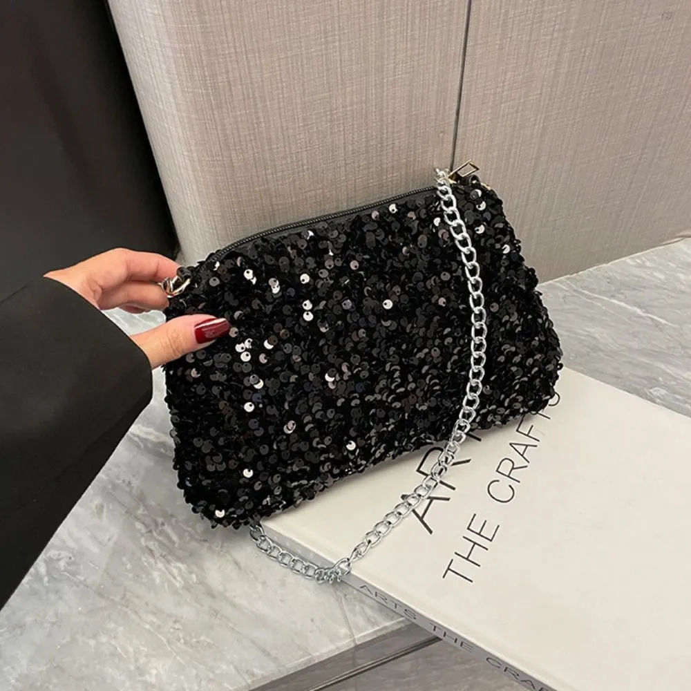 Borsa a tracolla con catena, tinta unita, stile coreano, con paillettes, per telefono, da sera, per cena e feste_voghion.com