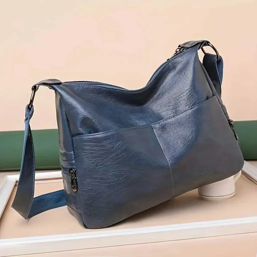 Borsa a tracolla in pelle PU tinta unita casual alla moda di grande capacità retrò Hobo da donna semplice e versatile C241104_voghion.com