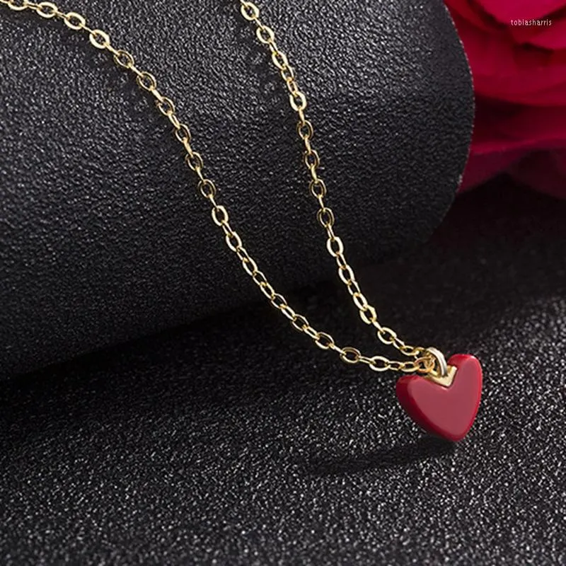 Chaînes en argent sterling avec pendentif en forme de cœur rouge et simple, chaîne plaquée or pour femme, colliers fins et légers_voghion.com