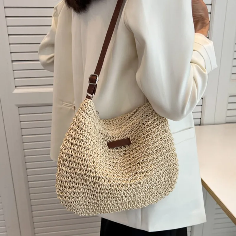 Borse e borsette lavorate a maglia, borse a tracolla da donna, in paglia intrecciata, per donna, borsa da spiaggia_voghion.com