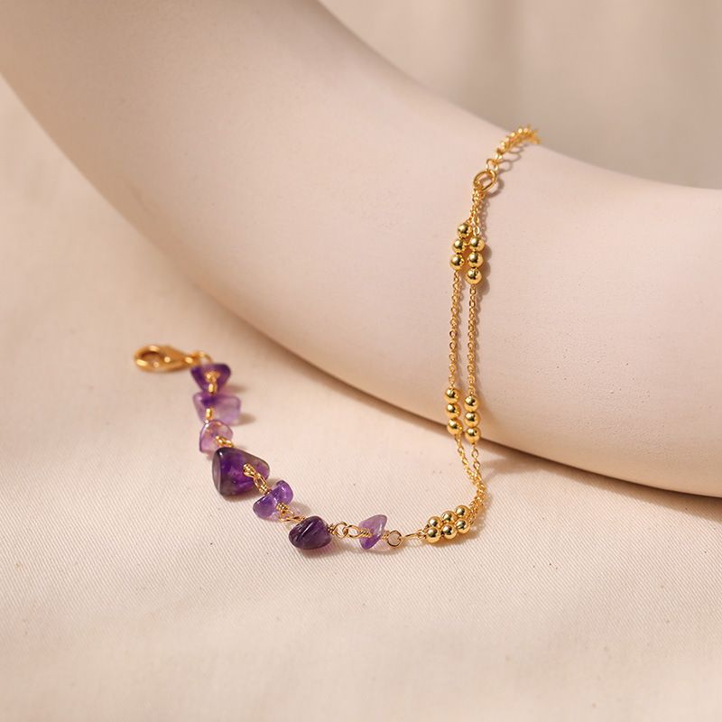 Purple Natural Crystal Gravel Splicing Design Luck Beads Ball Chain K Real Gold Plated Bracelet_voghion.com