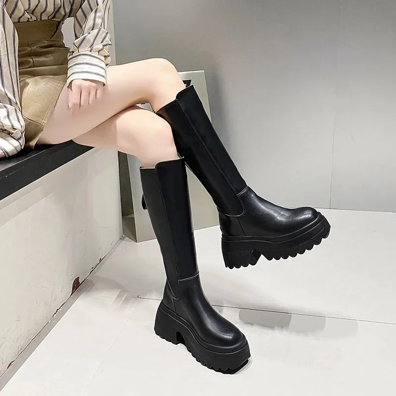 Knee High Platform Boots Women Retro Punk Style Leather Booties_voghion.com