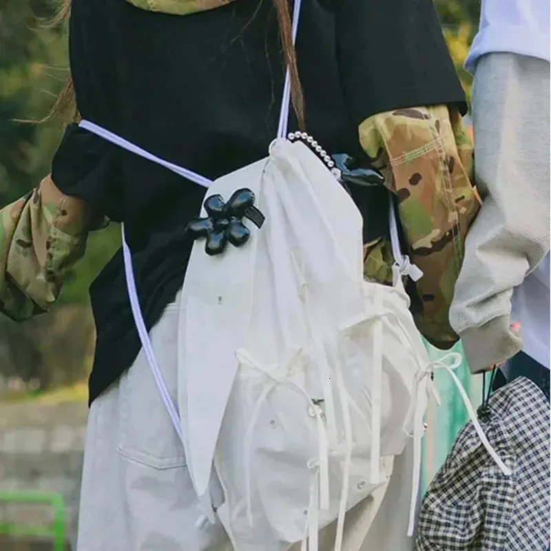 INS coreano coniglio orecchie fiocco lacci coulisse plissettato casual spalla femminile grande capacità tote borsa zaino leggero_voghion.com