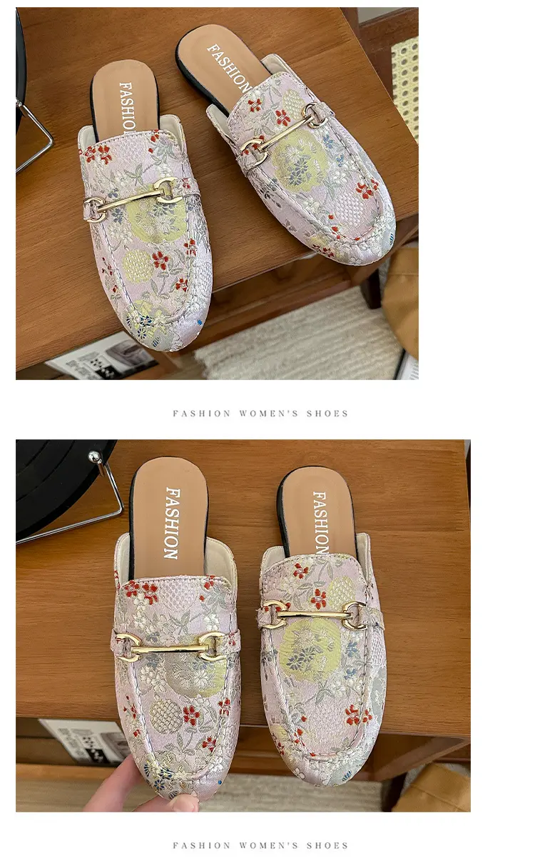 Embroidered Floral Flat Sandals For Women Versatile Half Slippers_voghion.com