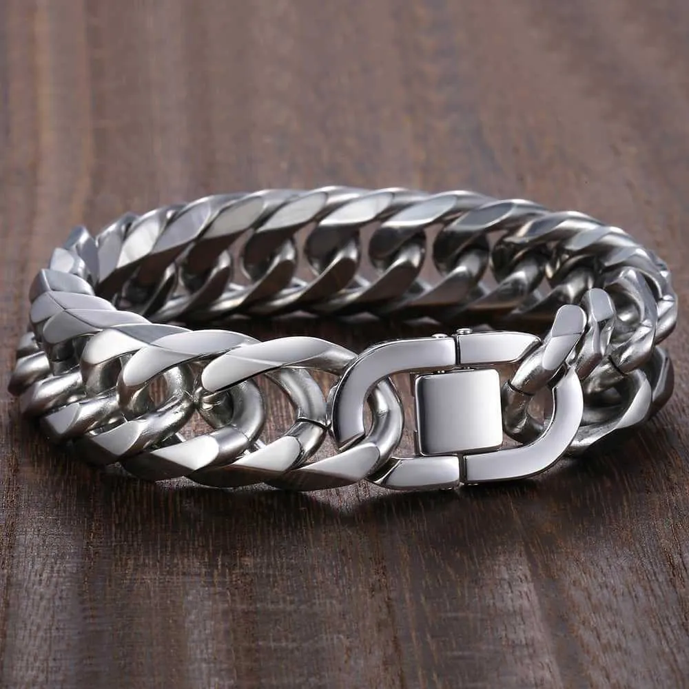 Herren Panzerarmband Cuban Link Aus Edelstahl Silberfarben_voghion.com