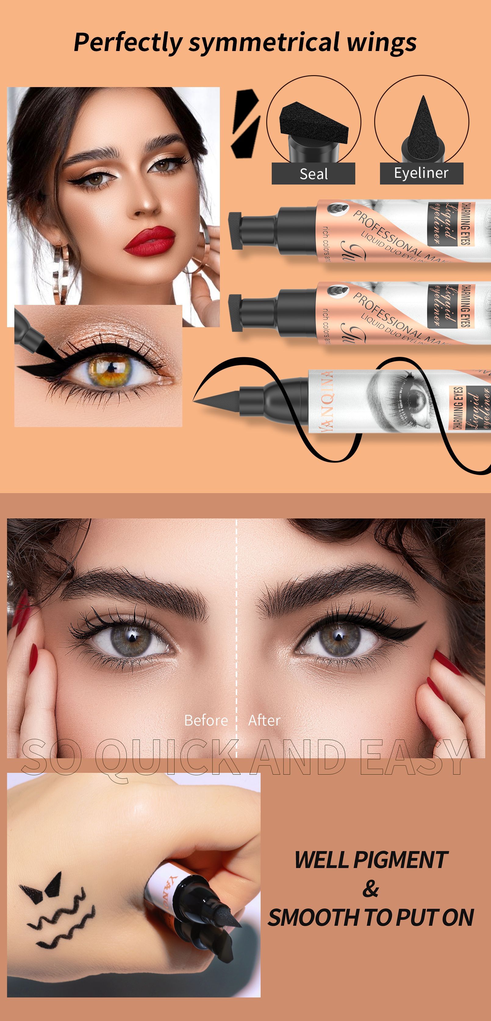 YANQINA Seal vandfast og ikke-udtværende dobbeltstempel eyeliner makeup_voghion.com