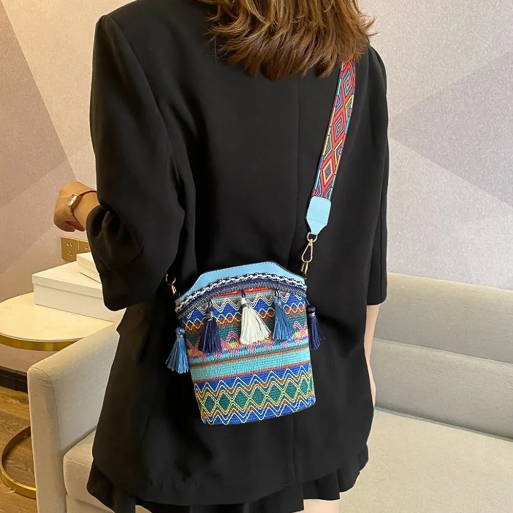 Borsa a tracolla vintage nazionale da donna, con nappa, etnica, intrecciata a mano, hippie, piccola borsa a tracolla_voghion.com