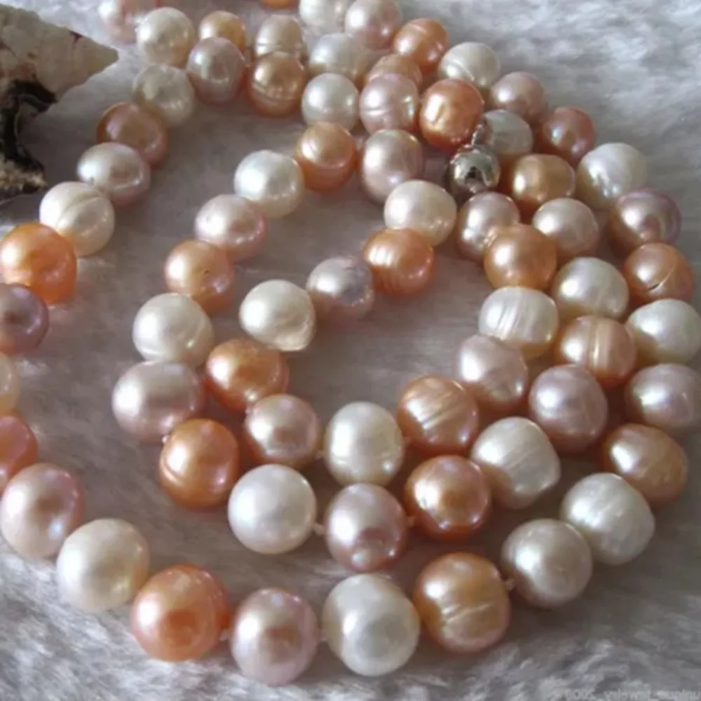 Collier noué à la main en chaîne avec perles d'eau douce naturelles blanches et roses de 10 à 11 mm, chaîne de pull presque ronde de 32 pouces_voghion.com