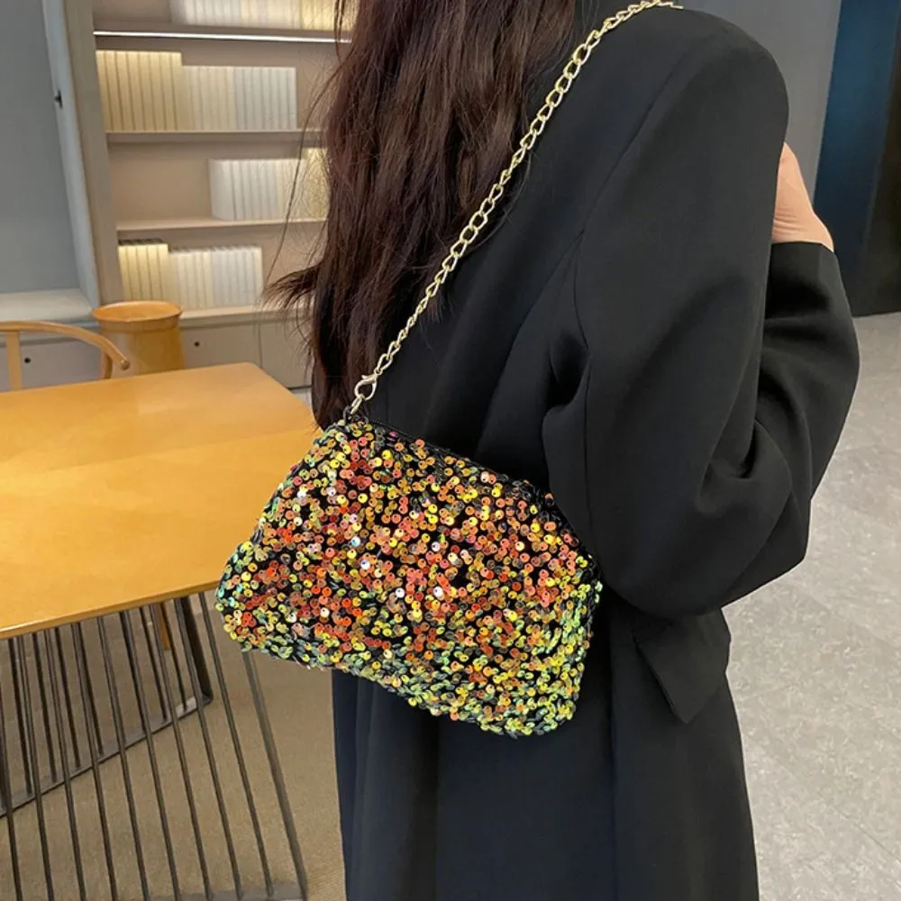 Borsa a tracolla con catena, tinta unita, stile coreano, con paillettes, per telefono, da sera, per cena e feste_voghion.com
