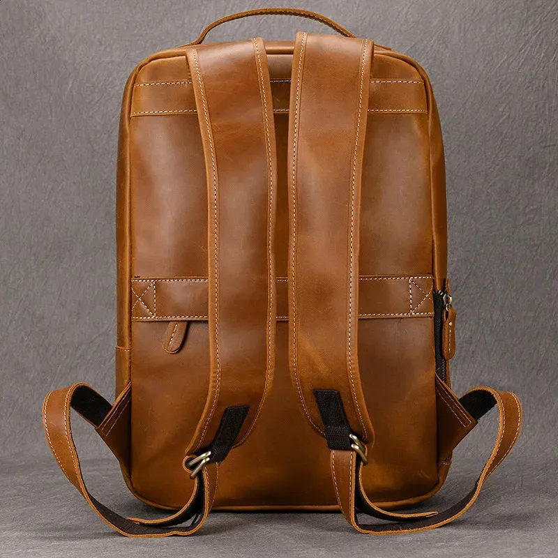 Vintage Mens Crazy Horse Leather genuine leather Retro Rucksack Large Classic Travel Backpack Big laptop computer bag_voghion.com
