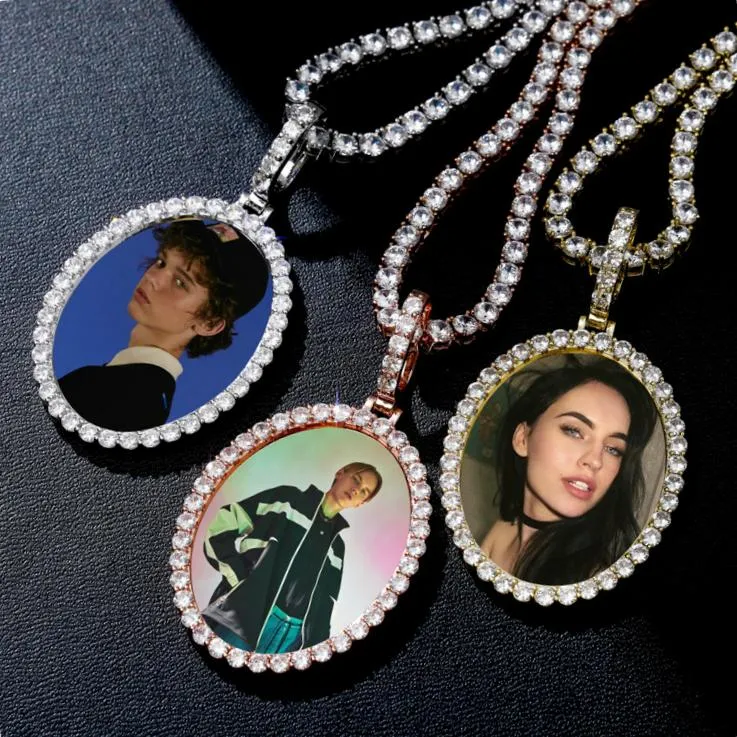 Rožu zelta pārklājuma apledojuma kubiskā cirkonija ovāla pasūtījuma foto piemiņas kaklarota personalizēta Bling dimanta DIY atmiņa_voghion.com