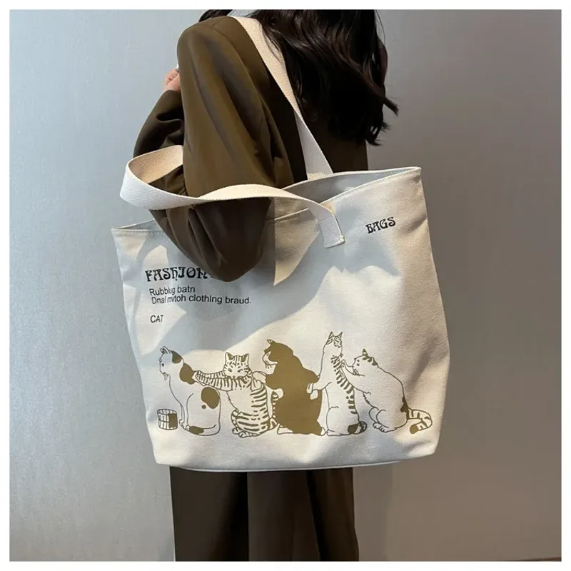 Große Tragetasche für Damen zum Einkaufen, Aufbewahren, Pendeln, Canvas-Handtasche, Cartoon-Katzen-Aufdruck, tragbare_voghion.com