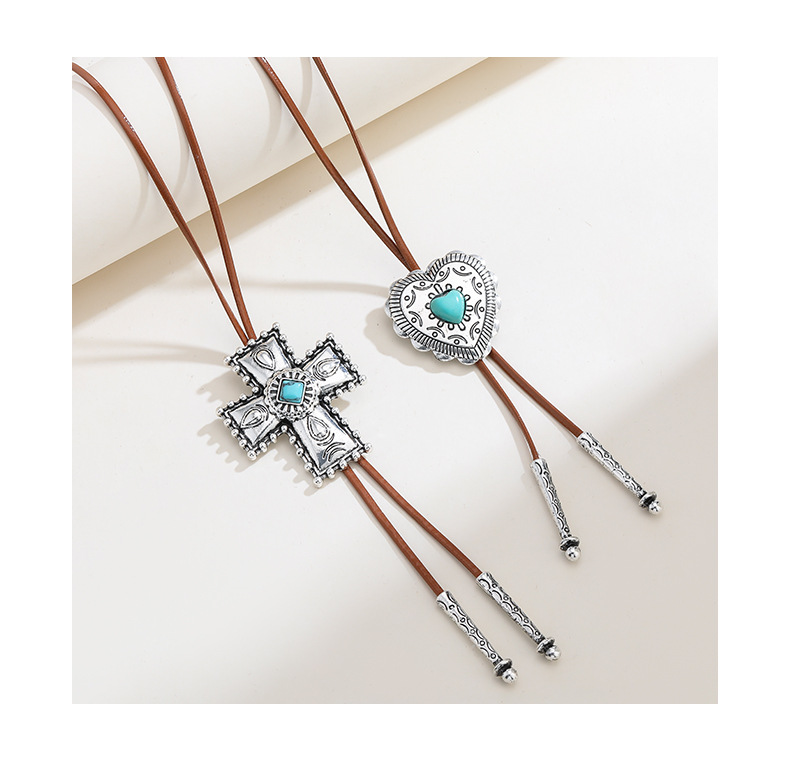 Damenschmuck Retro Türkis Kreuz Halskette Mode Lederseil verblasst nicht Retro Liebe Pullover Kette_voghion.com
