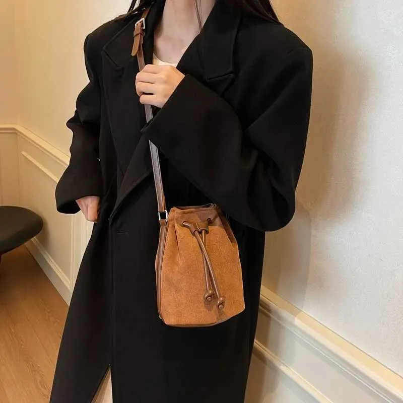 Suede Drstring Small Shoulder Bag Dark BrownC241217_voghion.com