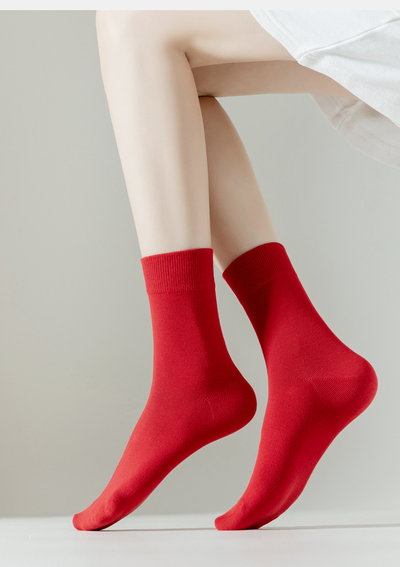 Red Crew Socks Pure Cotton Breathable Mid-calf Wedding Socks_voghion.com