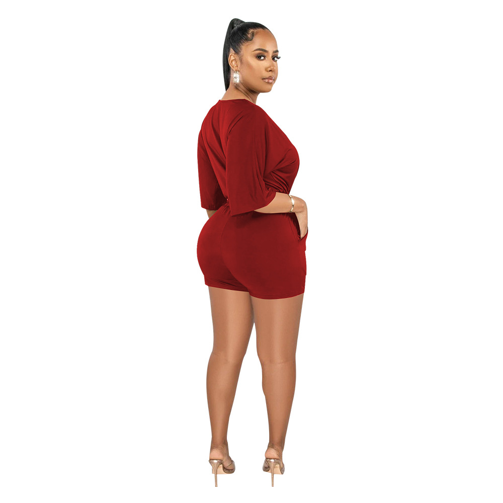 Women's V-neck Jumpsuit Solid Colour Waist Casual Short Romper_voghion.com