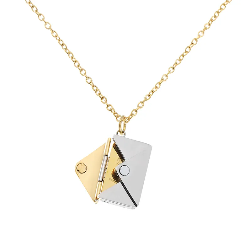 Collier avec pendentif en forme d'enveloppe et de chaîne avec message secret caché Love You en or rose et argent_voghion.com