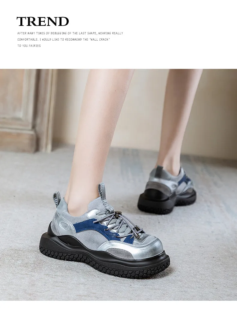 Suela gruesa de cuero genuino tipo bizcocho con superficie de malla reforzada para mayor comodidad y transpirabilidad. Zapatillas deportivas de moda._voghion.com