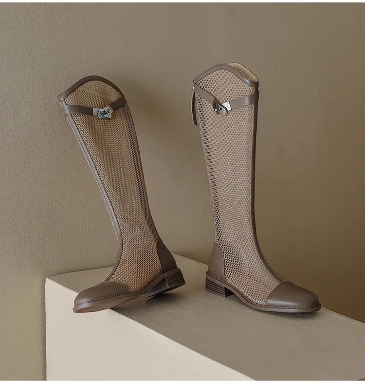 Breathable Leather Mesh Long Boots For Women Fashionable Sandals_voghion.com