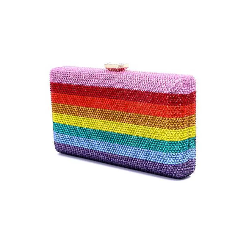 Neuestes Design Damen Rhie Handtasche Hochzeitsbankett Geschenk Kristall mehrfarbig gestreift Regenbogen Dia Abendessen Tasche Y241019_voghion.com