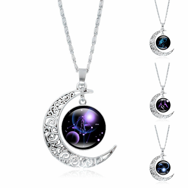 Collar con gemas del tiempo de las 12 constelaciones, colgante de luna de plata para mujer, collar transfronterizo europeo y americano, regalo de cumpleaños