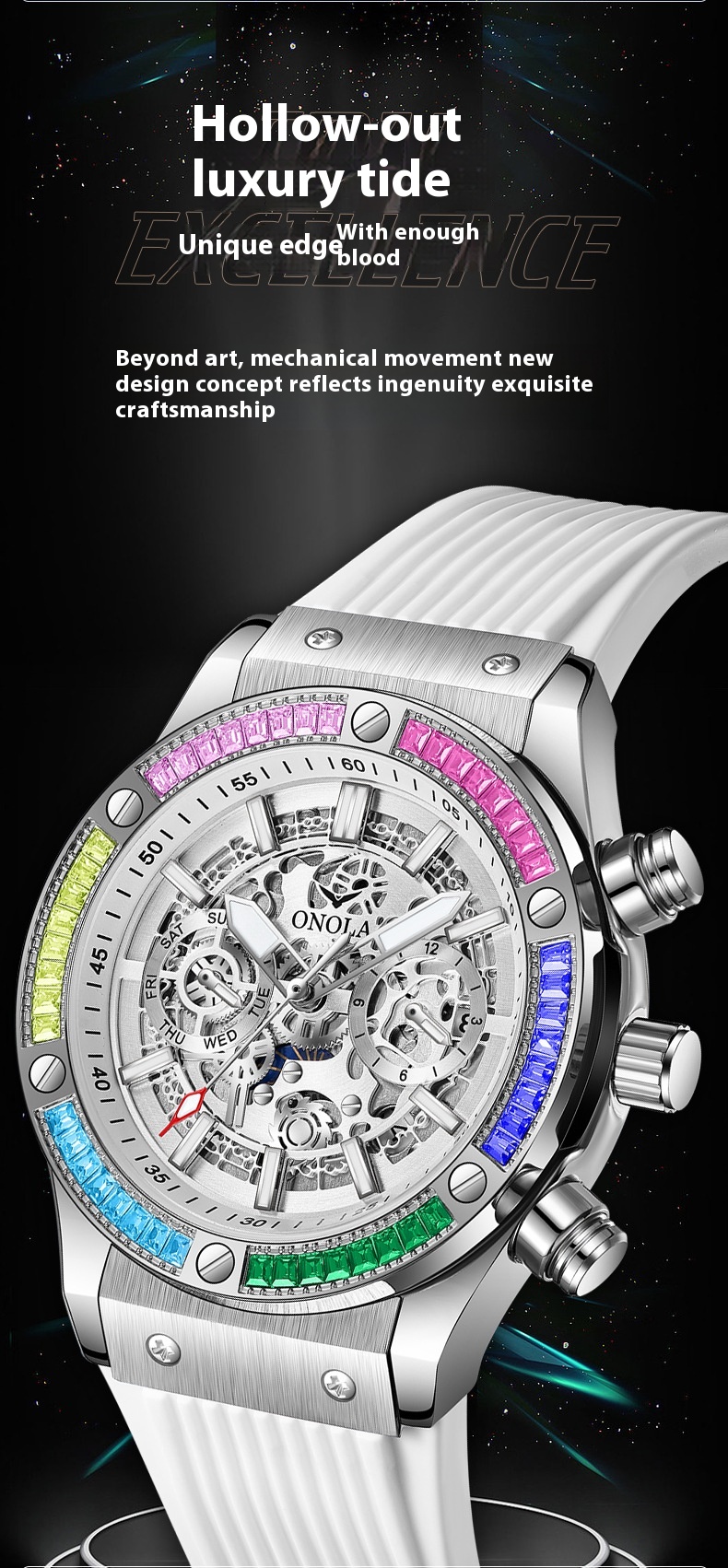 Fashion New ONOLA/Orona Rainbow Diamond Fully Automatic Mechanical Watch Men's Waterproof Tape_voghion.com