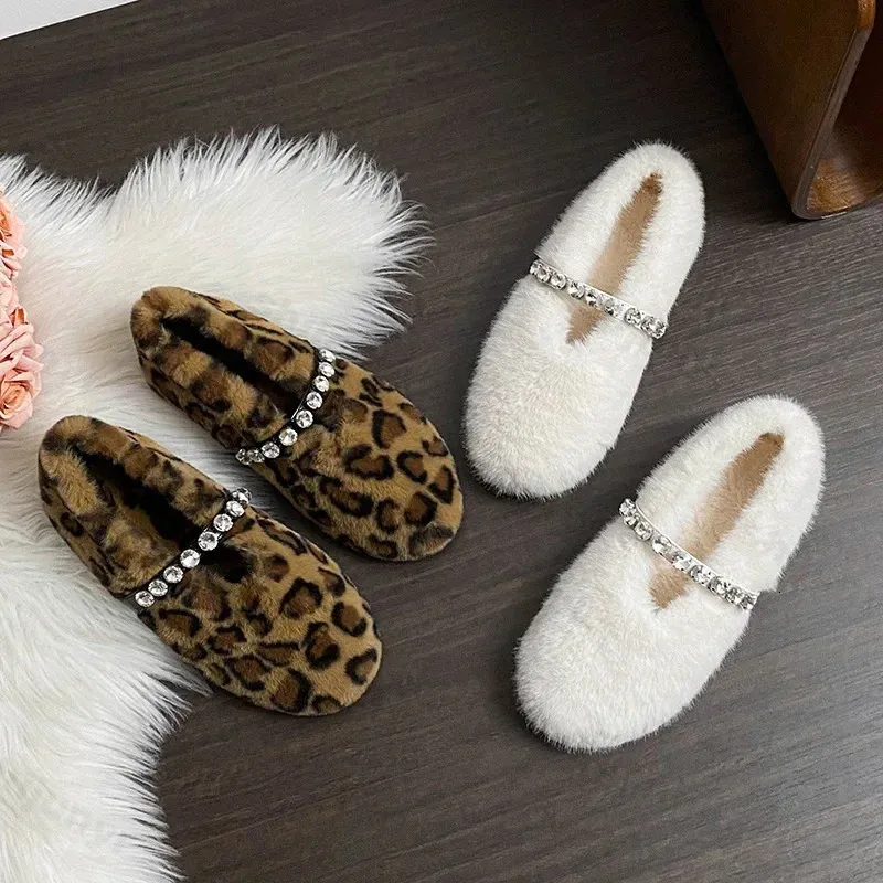 Fashion Leopard Fur Ballet Apartment Water Dia Buckle With Mary Jane Shoes Womens Winter Warm Plush Shallow Load 241122_voghion.com