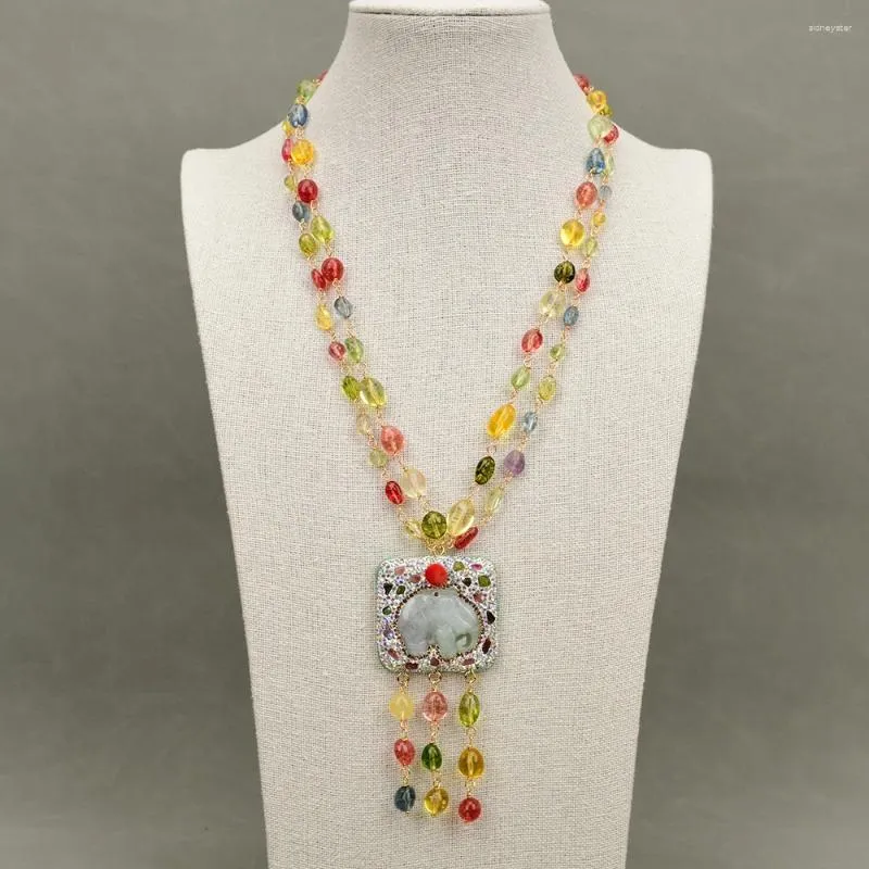 Pendant Necklaces GG Jewelry 2 Rows Mix Color Natural Crystal Smooth Net Stone Necklace Jadeite Carved Elephant_voghion.com