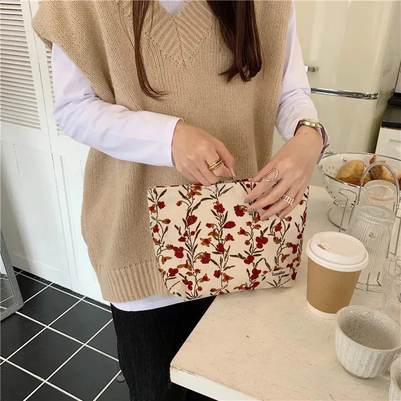 Trousse de toilette en toile imprimée rétro tendance, grande capacité, pour femmes, trousse de voyage pour cosmétiques, sacs de rangement pour maquillage 240815_voghion.com