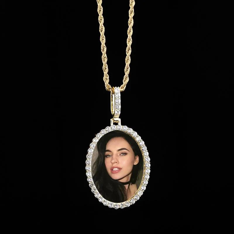 Rožu zelta pārklājuma apledojuma kubiskā cirkonija ovāla pasūtījuma foto piemiņas kaklarota personalizēta Bling dimanta DIY atmiņa_voghion.com