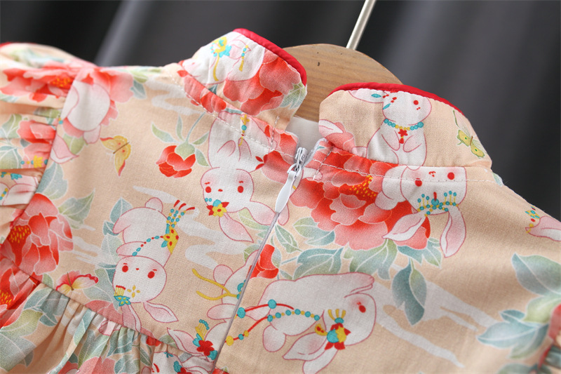 Autumn Newborn Girl Dress Rabbit Print Long Sleeved Dress Chinese Hanfu Style Baby Clothes_voghion.com