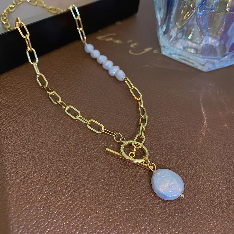 Collier asymétrique en or 14 carats avec perles d'eau douce baroques naturelles pour femme, bijoux originaux, cadeaux non_voghion.com