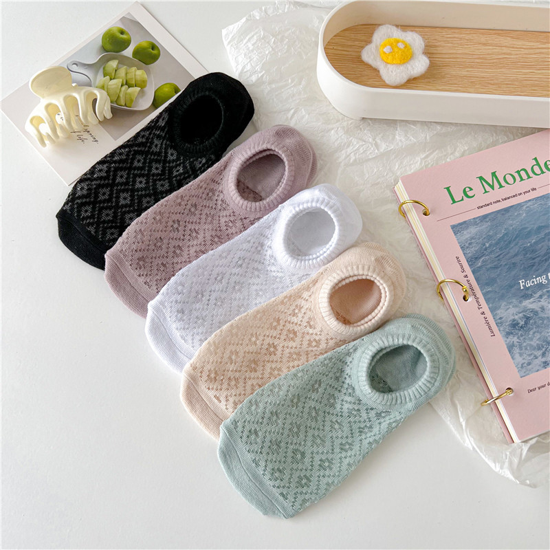 5 pezzi calzini da barca invisibili per donna testa di gatto maglia intrecciata traspirante calzini a forma di diamante per donna bocca superficiale antiscivolo senza tallone che cade_voghion.com