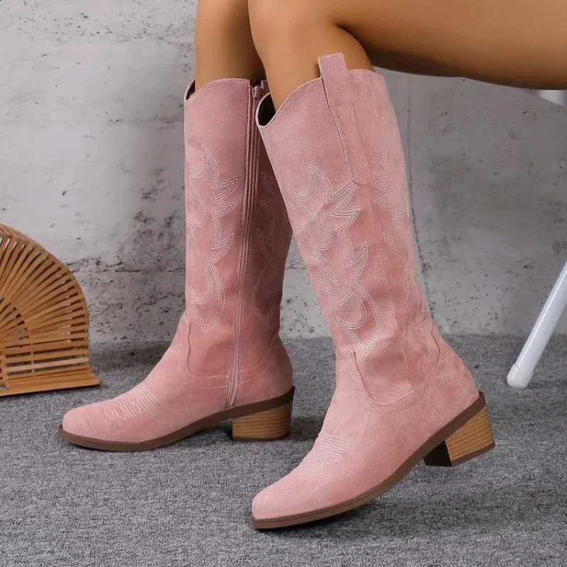 Dames geborduurde ridder retro vierkante neus PU leren kniehoge laarzen dames herfst winter western cowboy Botas Mujer_voghion.com