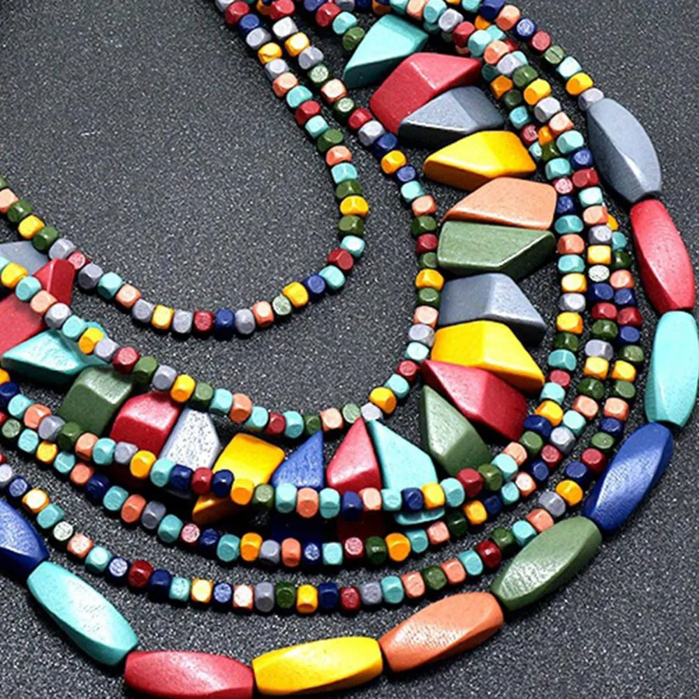 Catene Collana unica Accessorio Festa Perline colorate Perline di legno multicolore Strati per vestirsi_voghion.com