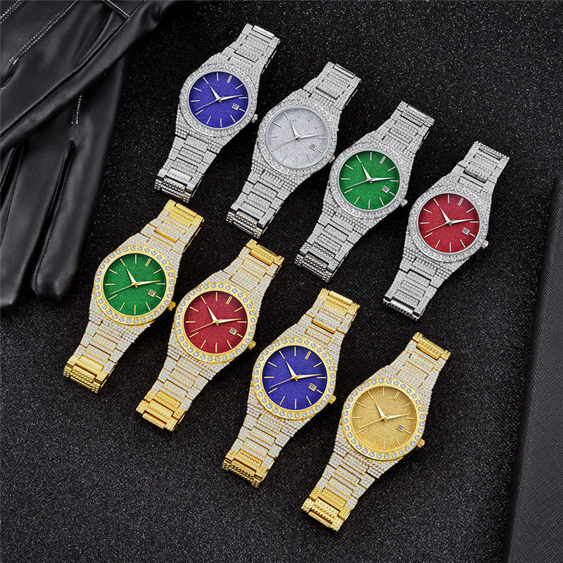 Orologio da uomo al quarzo con calendario in oro e argento con diamanti e datario - Cassa e cinturino in lega - Diverse opzioni di colore_voghion.com