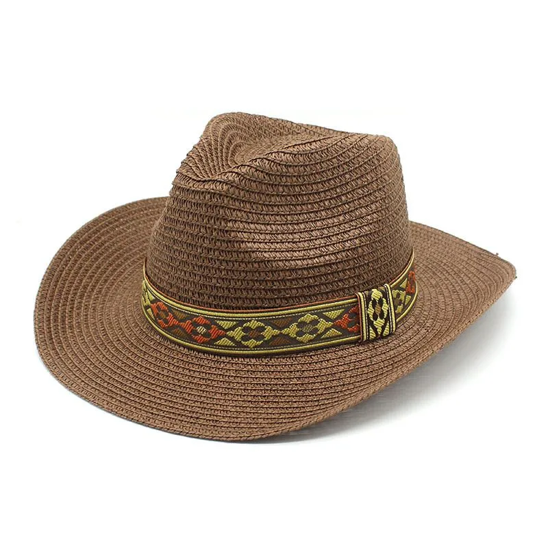 Chapeau de paille de style ethnique tibétain pour hommes et femmes, chapeau de protection solaire pour la plage en plein air_voghion.com