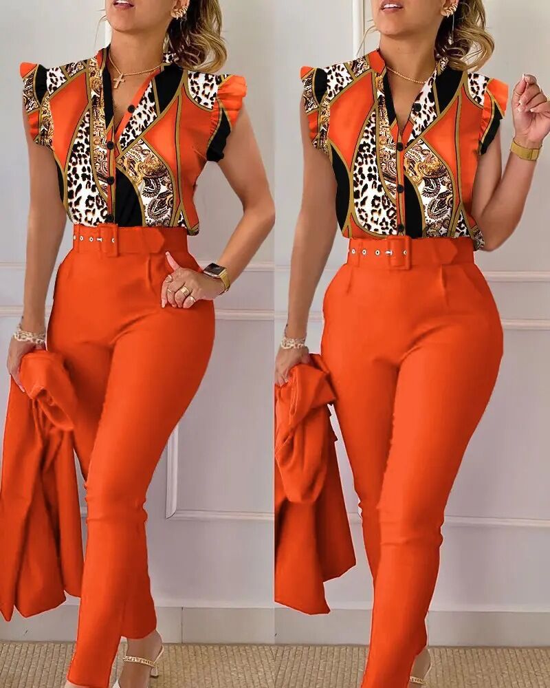 Women's Fashion Casual Lotus Leaf Sleeve Vest Two-piece Suit Women's Clothing_voghion.com