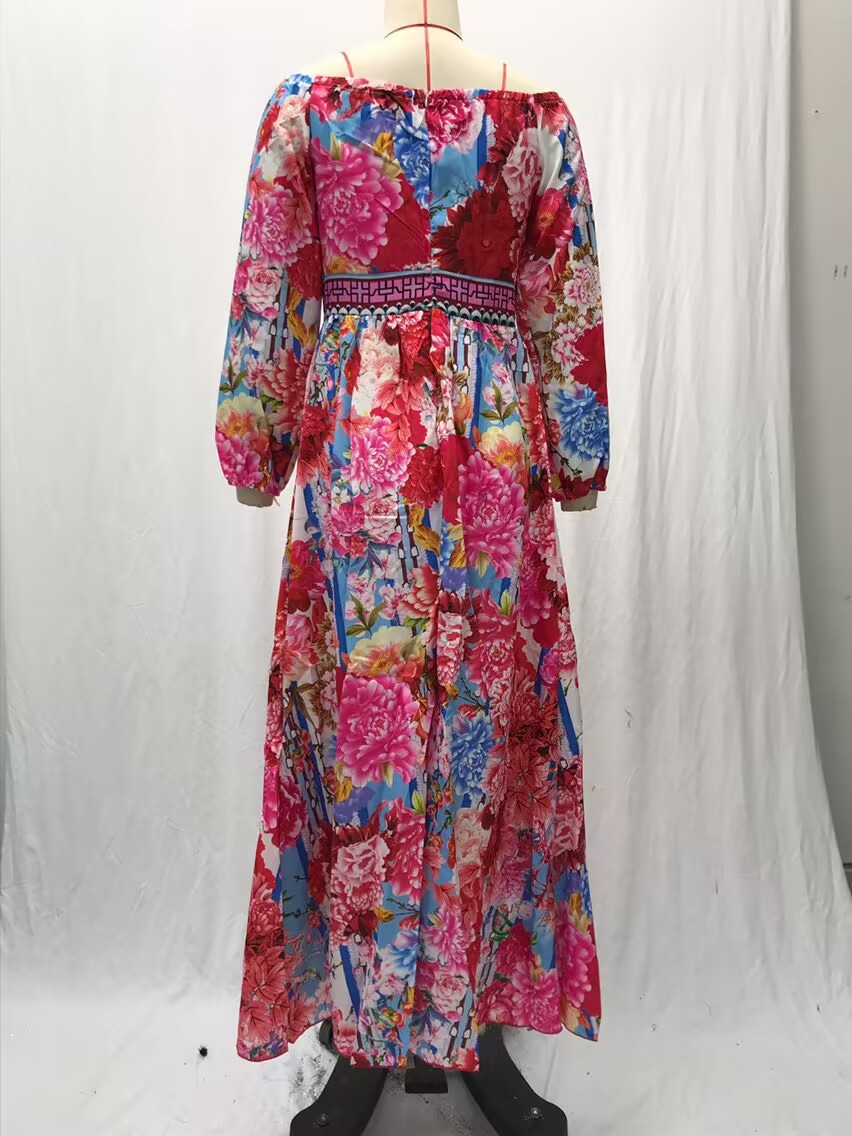 Dress Printed V-neck Retro Long Sleeve Swing Slit Long Dress_voghion.com