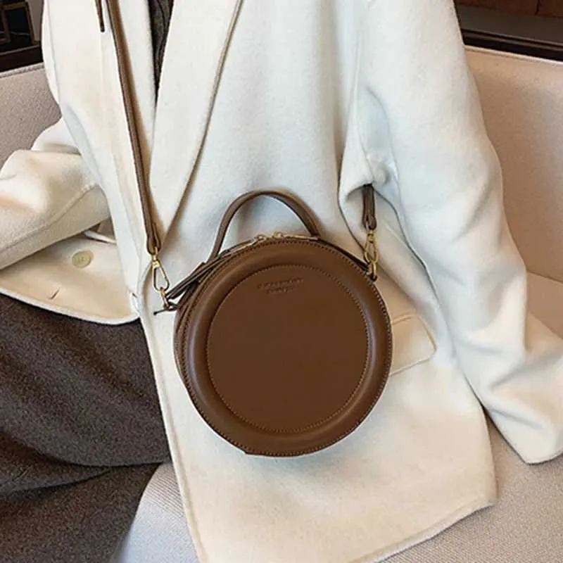 Einfarbig PU Leder Schulter Umhängetasche Für Frauen Runde Kleine Handtasche Mode Designer Taschen Weibliche Zipper_voghion.com