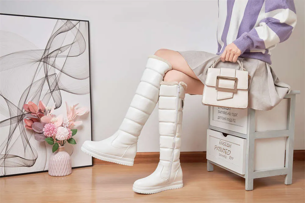 Winter Warm Rosa Weiß Schnee Frauen Schuhe 2024 Niedrigen Absätzen Knie Hohe Stiefel Weibliche Plattform Plüsch Lange Boote Mujer Schwarz_voghion.com