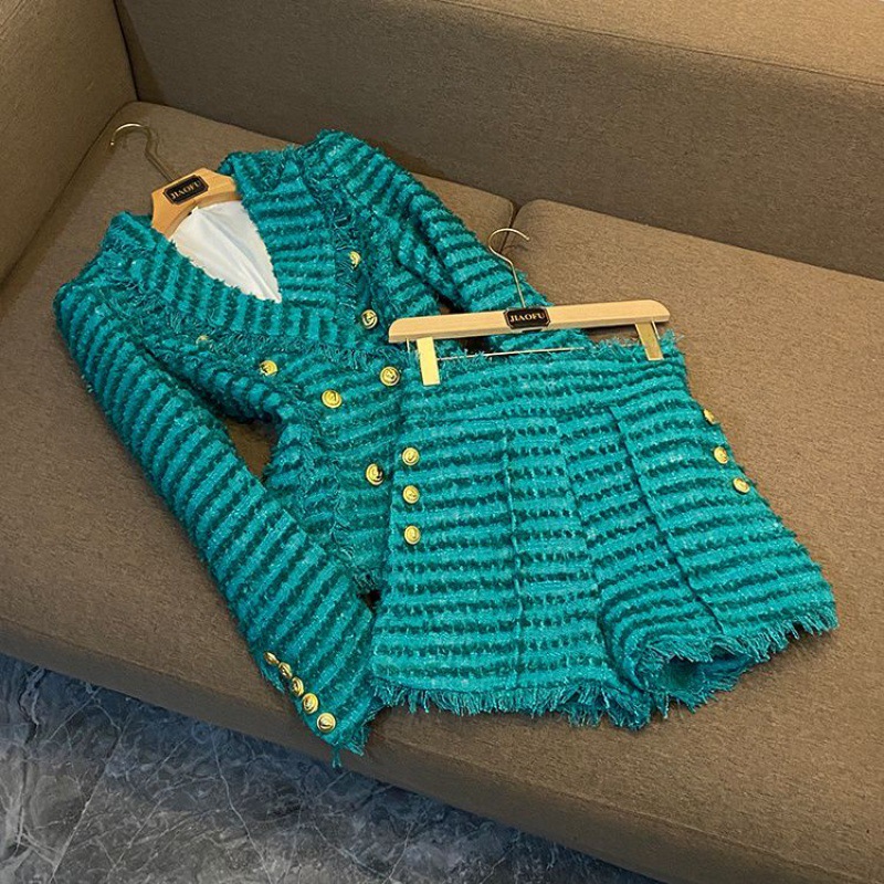 Kvinders mode tweed slim jakkesæt temperament jakkesæt grøn_voghion.com